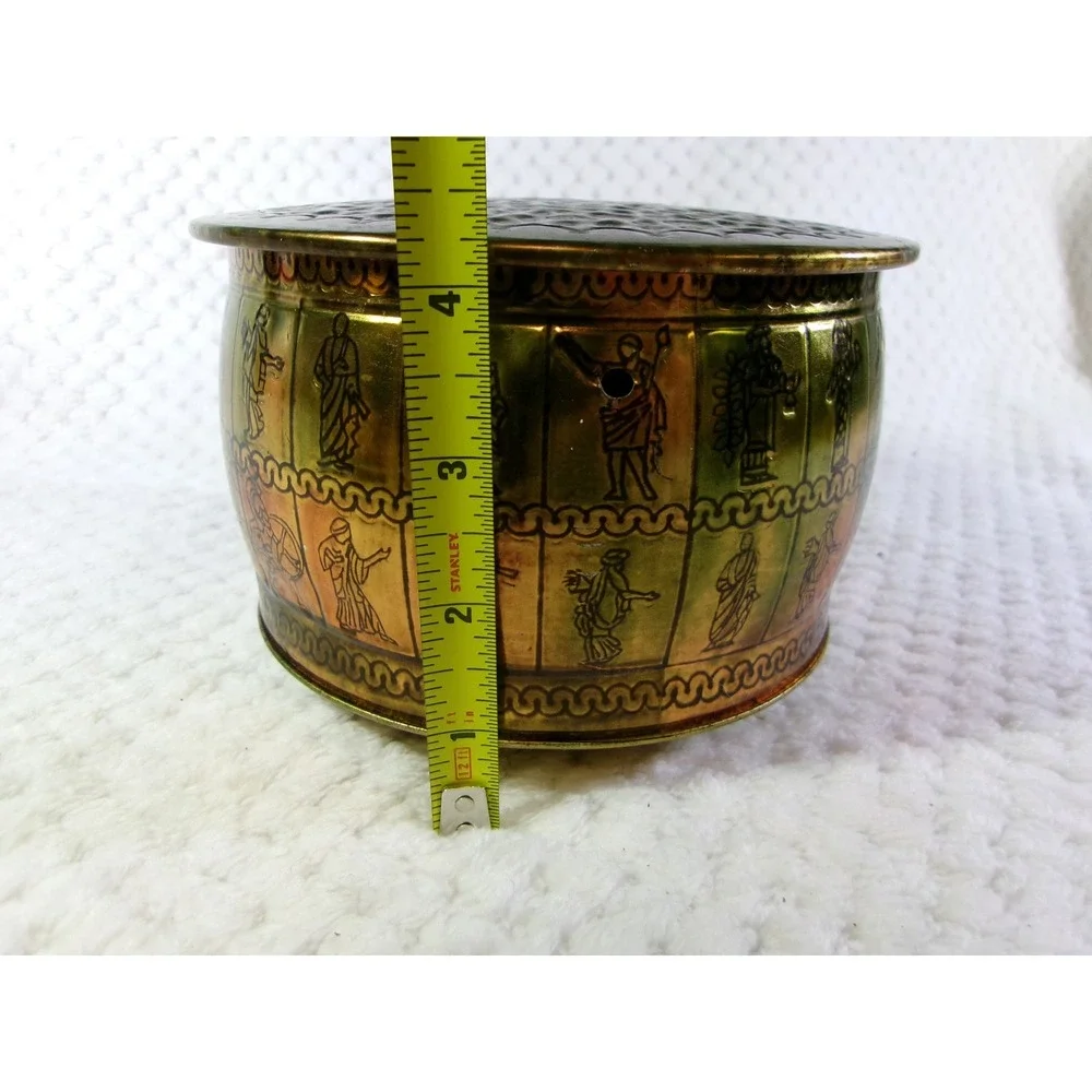 Fricke & Nacke‎ Tin Canister Brass Tone Vintage Greek Roman Figures